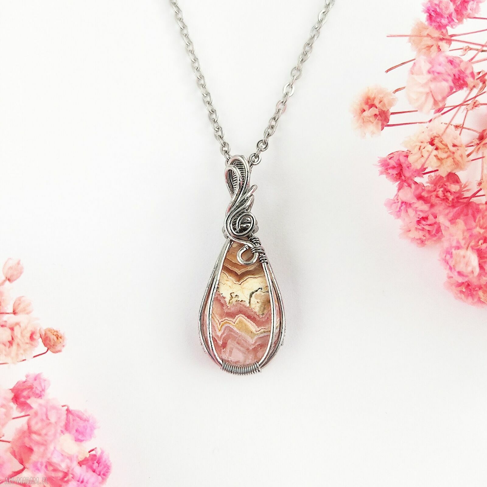 Naszyjnik z rodochrozytem ze stali chirurgicznej - handmade wire wrapping