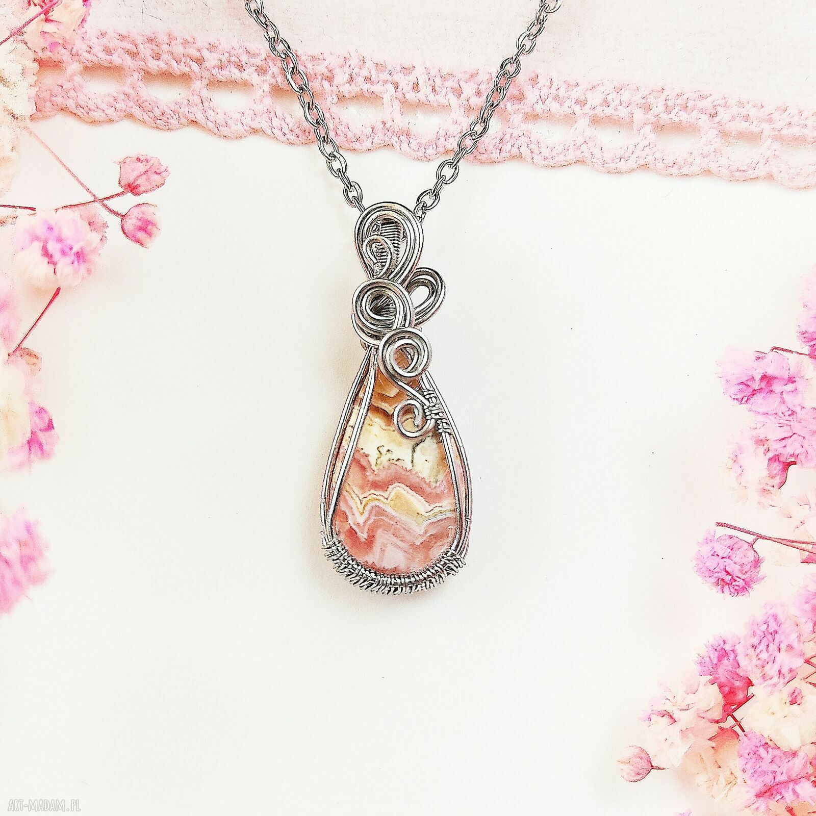 Naszyjnik z rodochrozytem ze stali chirurgicznej - handmade wire wrapping