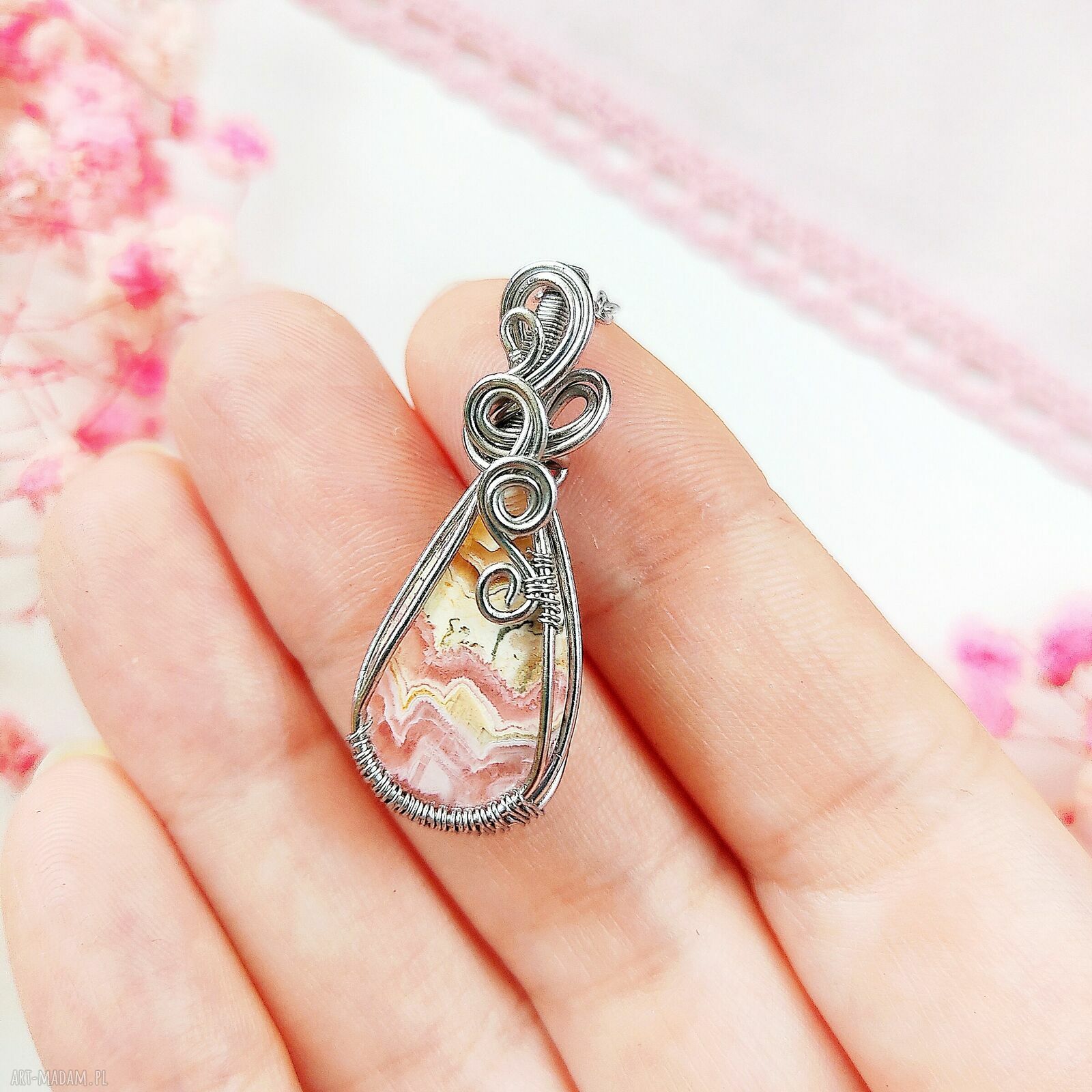 Naszyjnik z rodochrozytem ze stali chirurgicznej - handmade wire wrapping