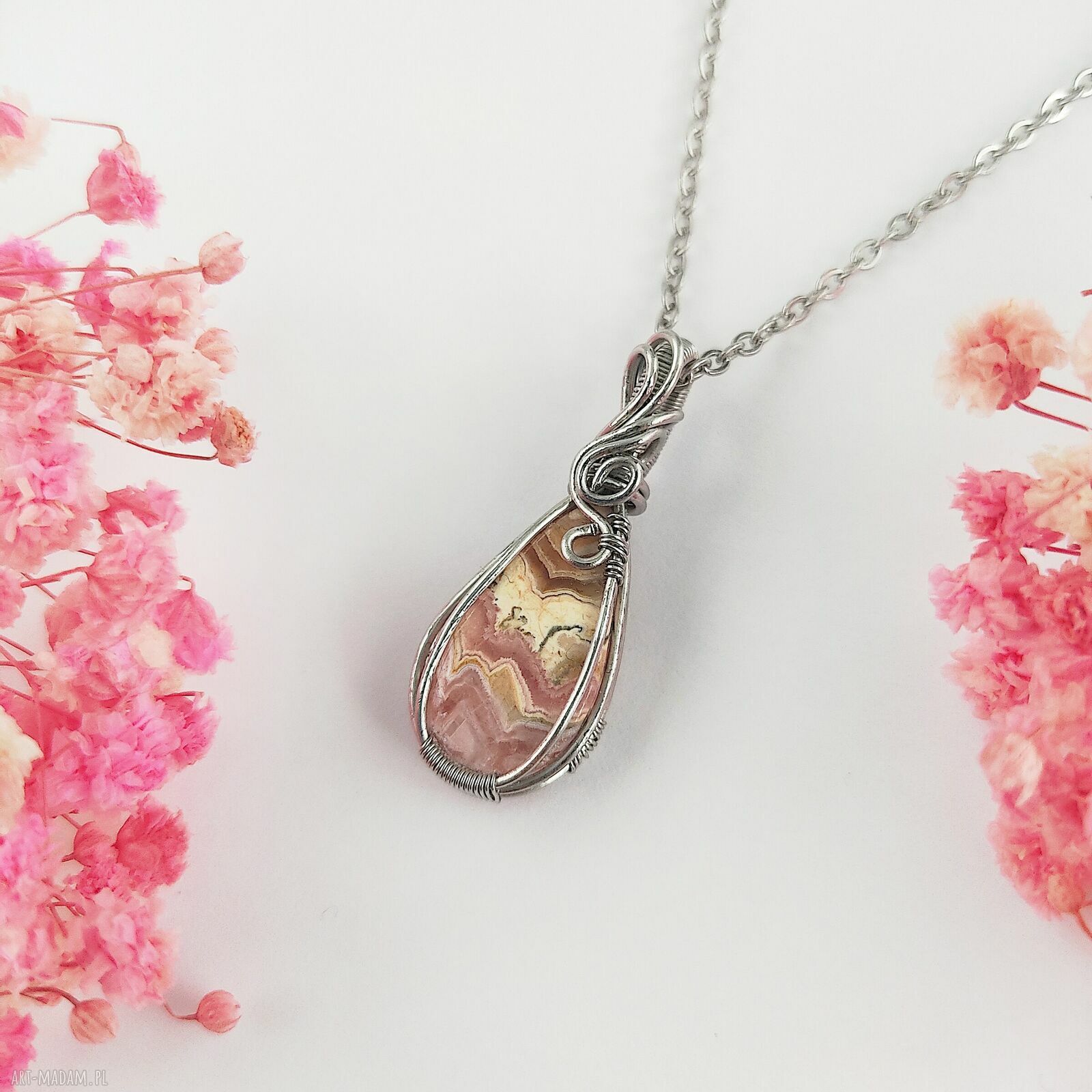 Naszyjnik z rodochrozytem ze stali chirurgicznej - handmade wire wrapping