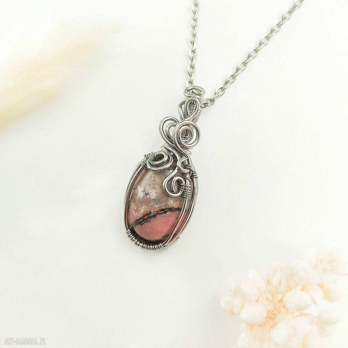 Naszyjnik Rodonit - wisiorek ze stali chirurgicznej handmade (wire wrapping)