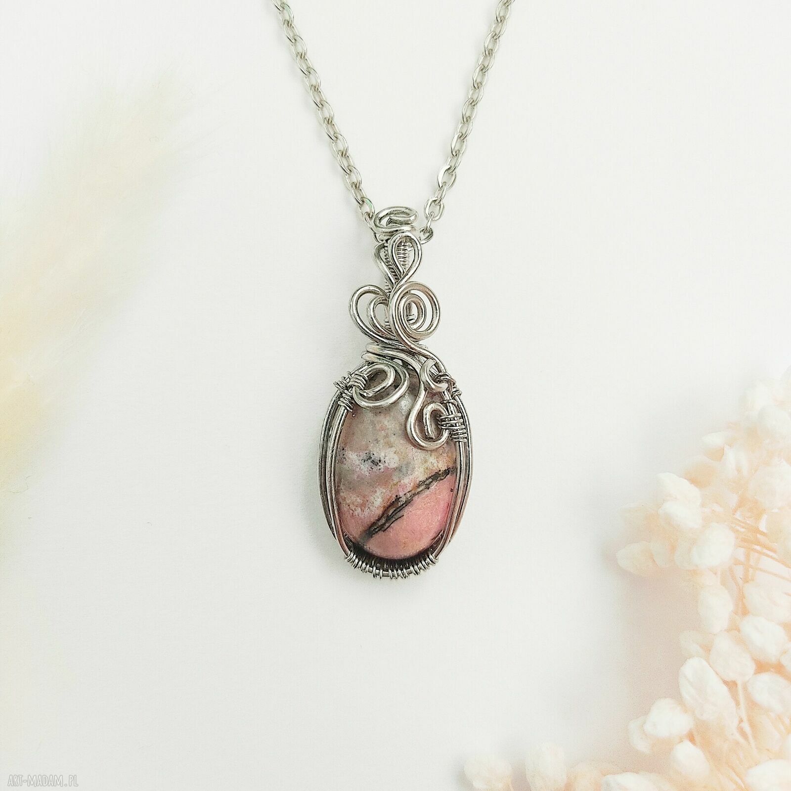 Naszyjnik Rodonit - wisiorek ze stali chirurgicznej handmade wire wrapping