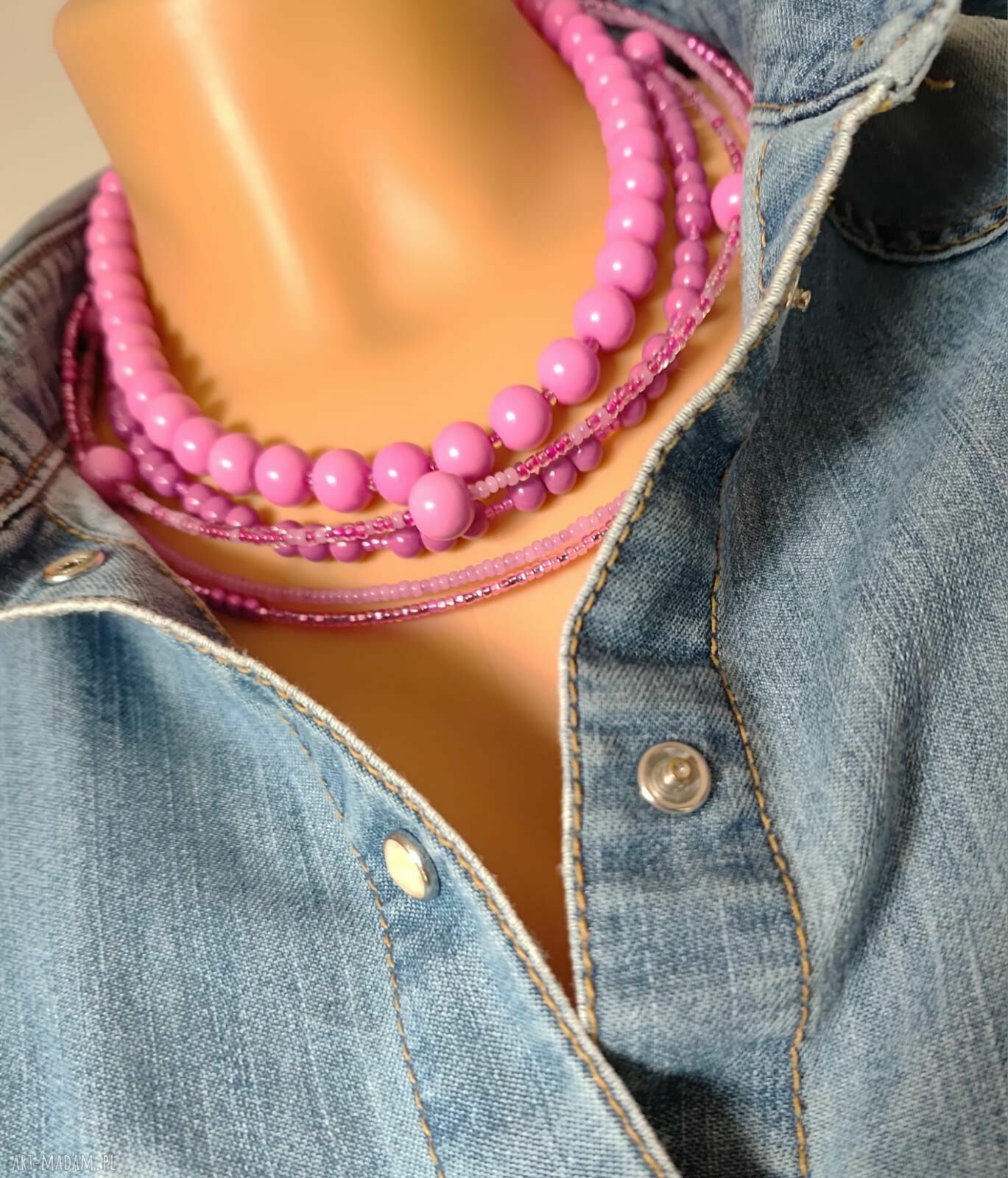 Naszyjnik z różowych kulek - korale kaskadowe 45 cm