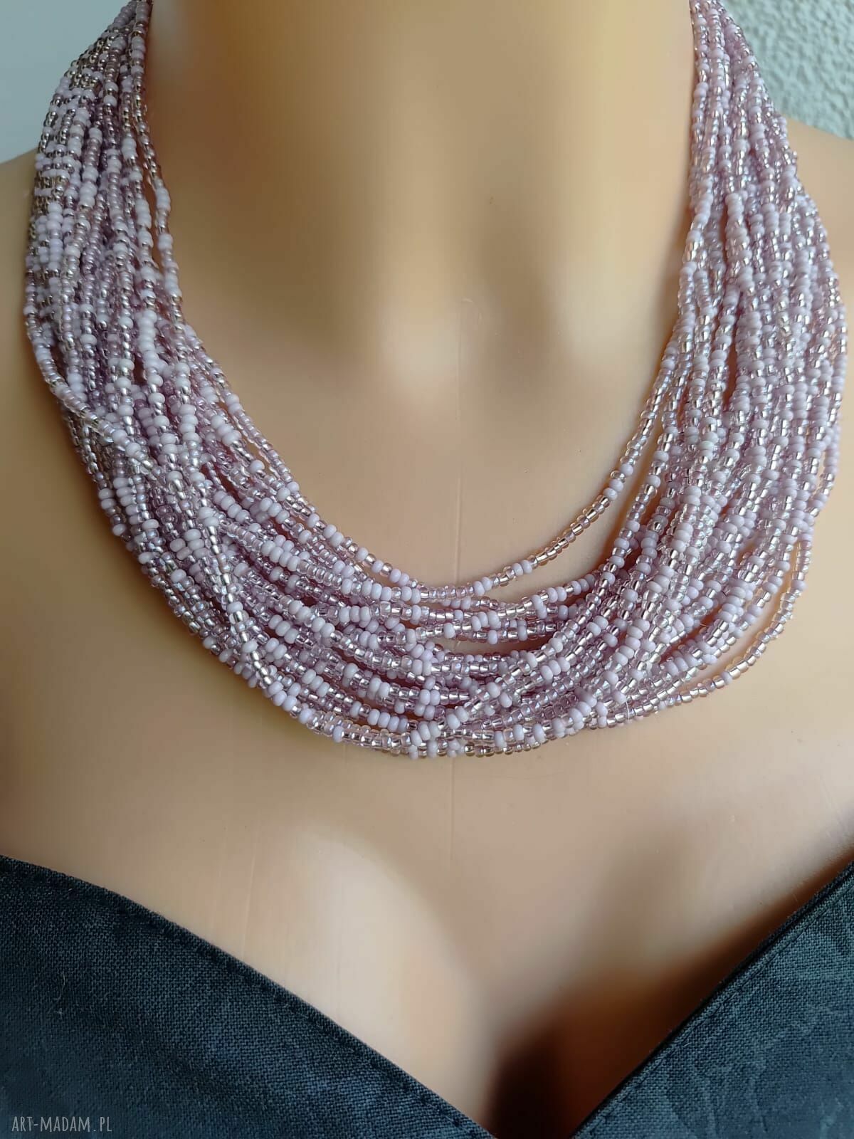 Naszyjnik różowy nude róż z drobnych koralików - handmade Unikatart