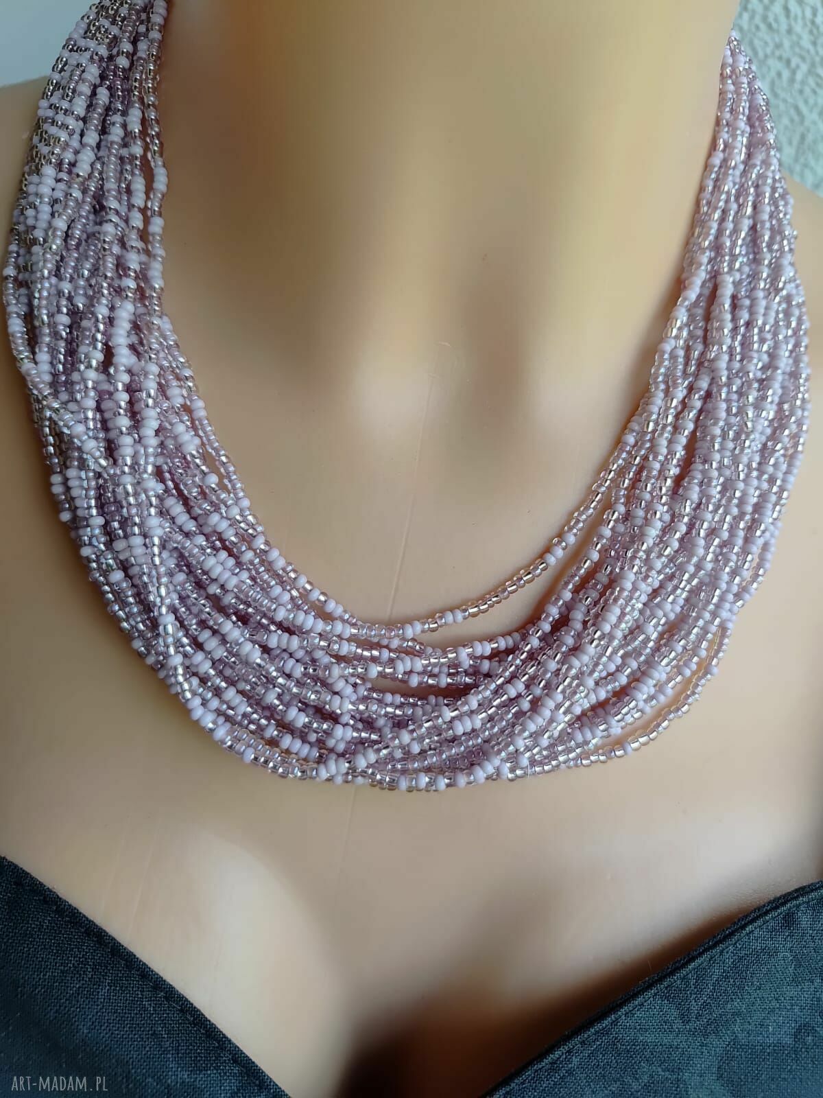 Naszyjnik różowy nude róż z drobnych koralików - handmade Unikatart