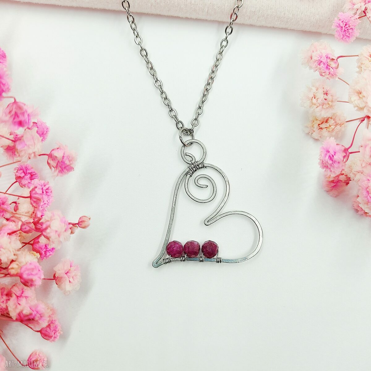 Naszyjnik Serce Rubin - stal chirurgiczna, wire wrapping