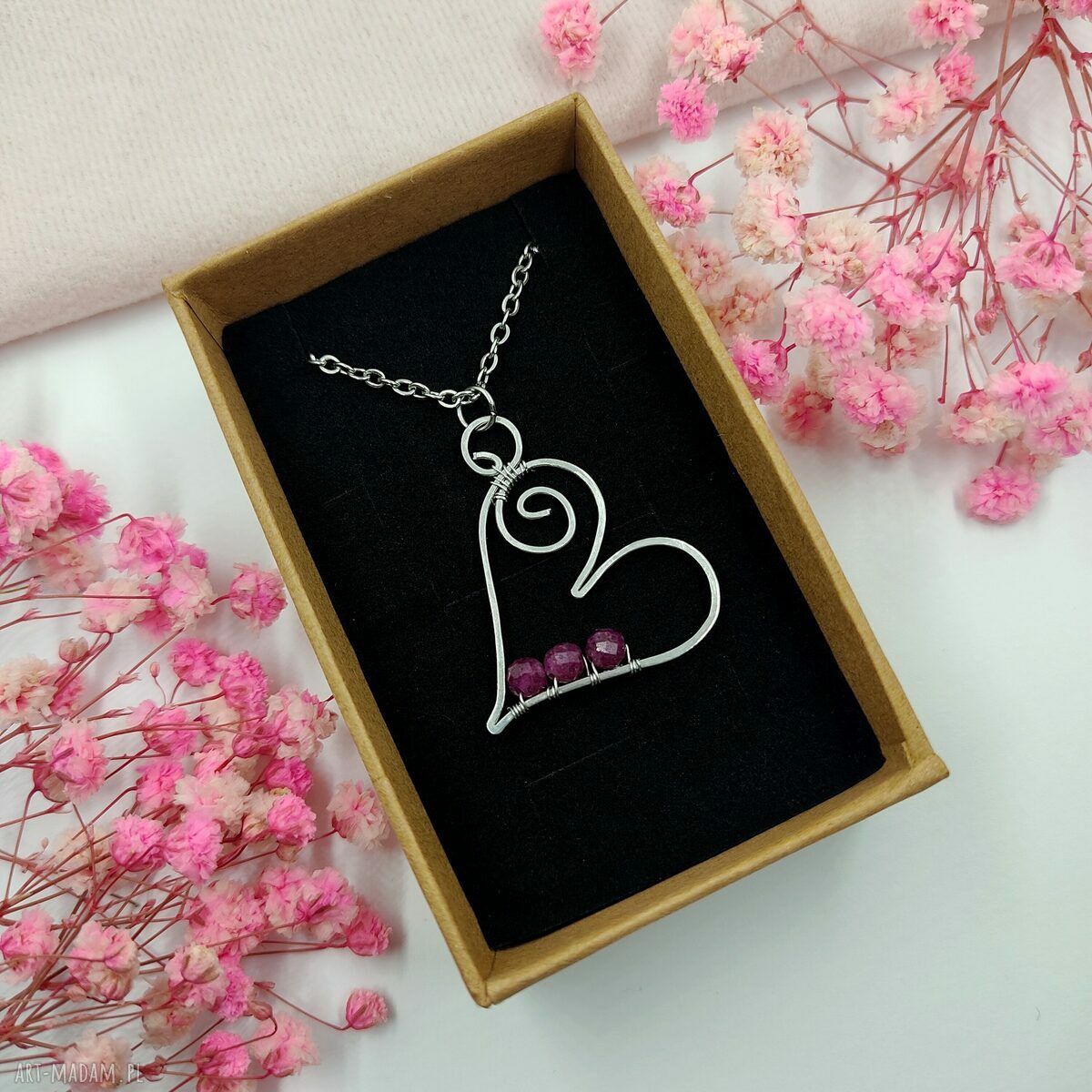 Naszyjnik Serce Rubin - stal chirurgiczna, wire wrapping