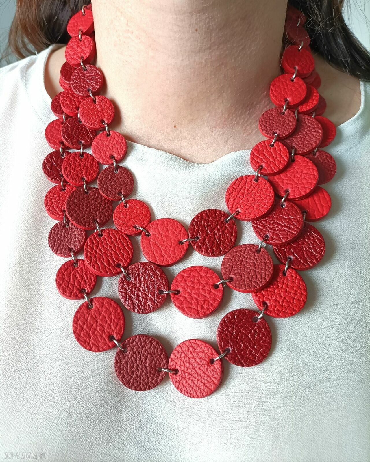 Czerwony skórzany naszyjnik warstwowy z naturalnej skóry - stal chirurgiczna (hand made)