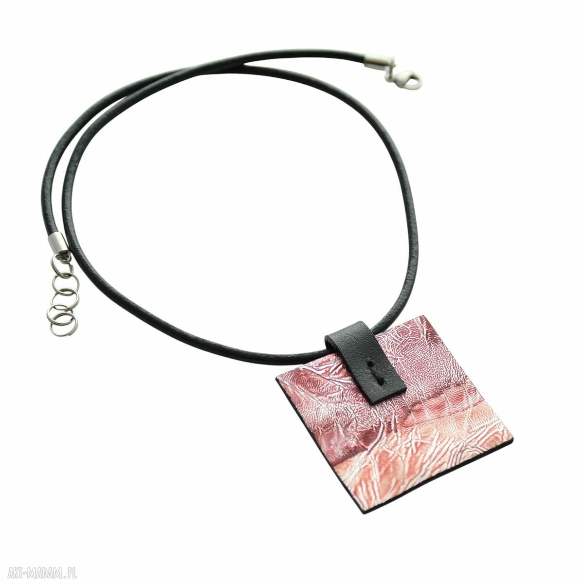 Naszyjnik skórzany różowo-srebrny z zawieszką na rzemieniu - handmade