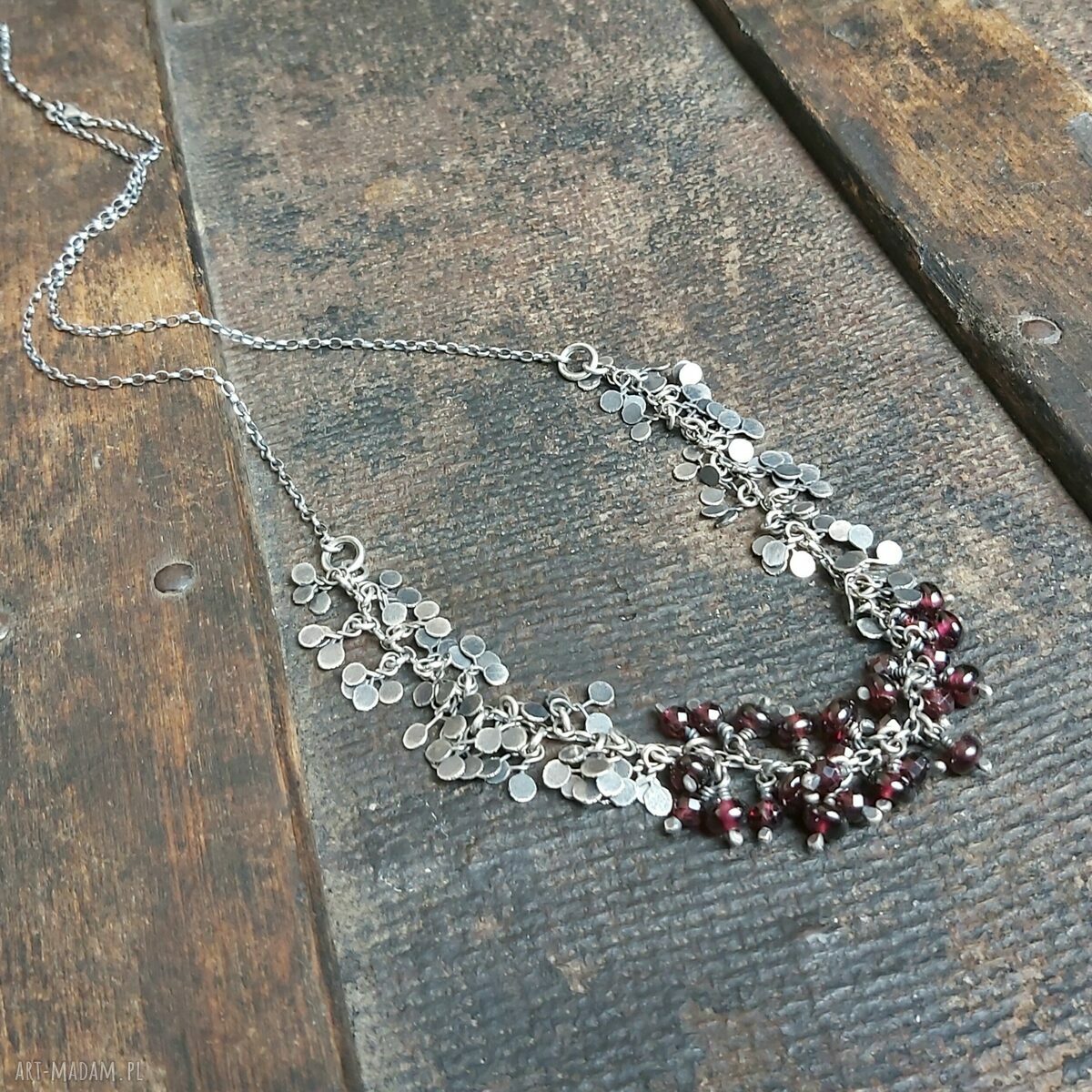 Naszyjnik srebrny listki z granatami Handmade