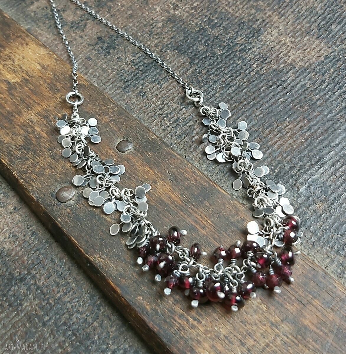 Naszyjnik srebrny listki z granatami Handmade