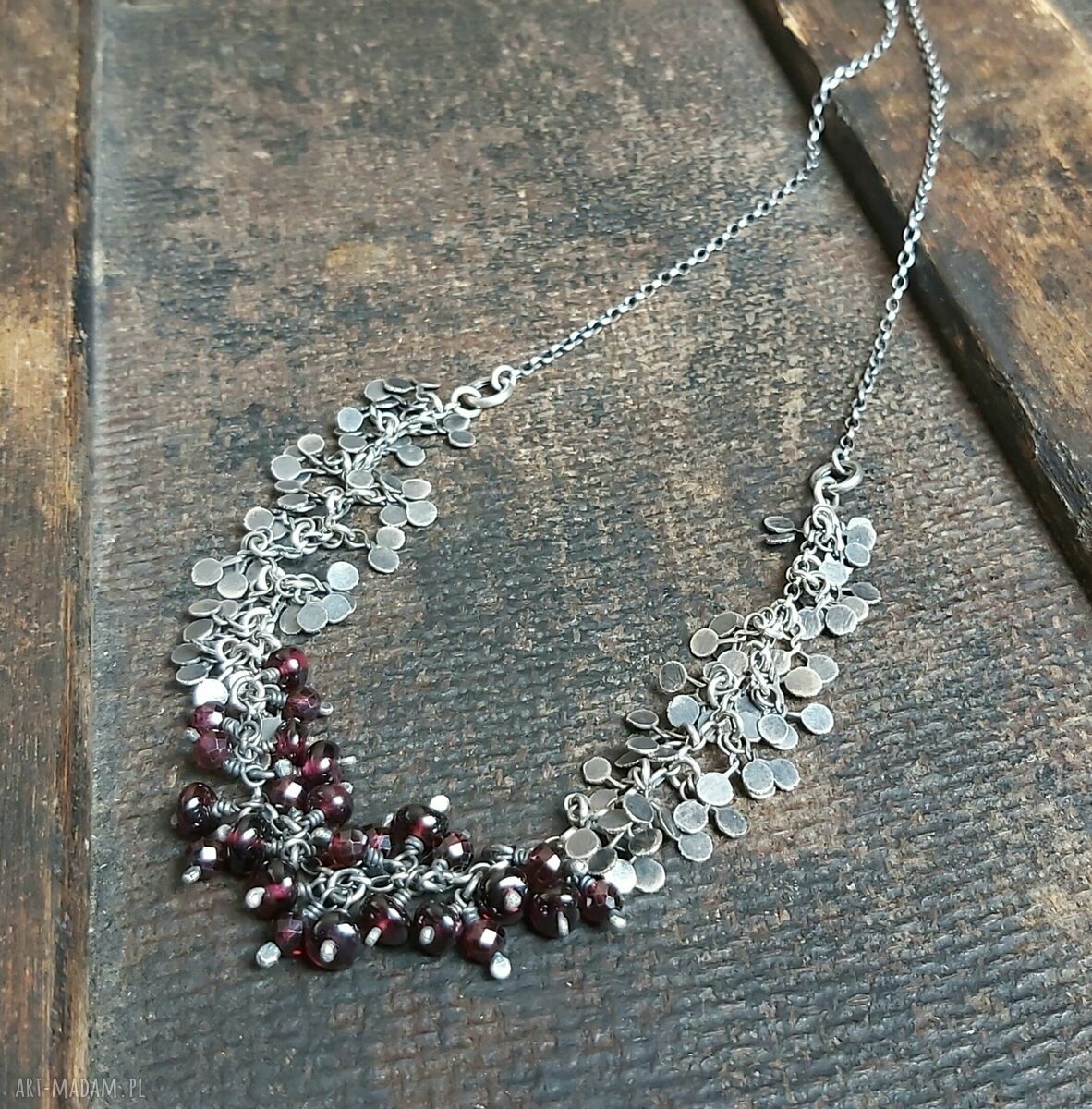 Naszyjnik srebrny listki z granatami Handmade