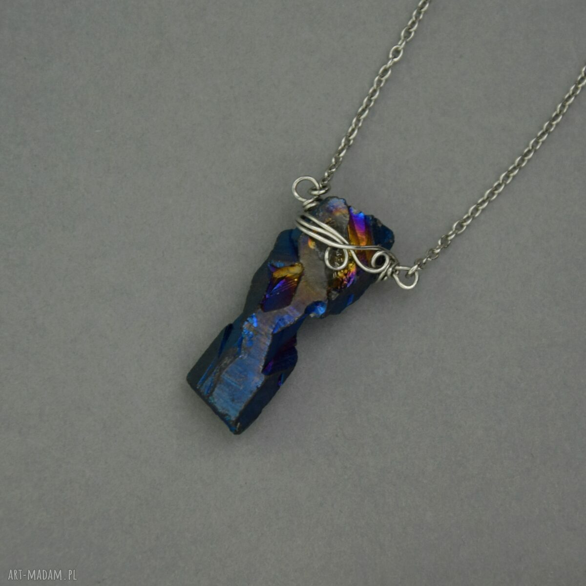 Naszyjnik Talizman z kwarcu tytanowego Aura - wire wrapping i stal chirurgiczna