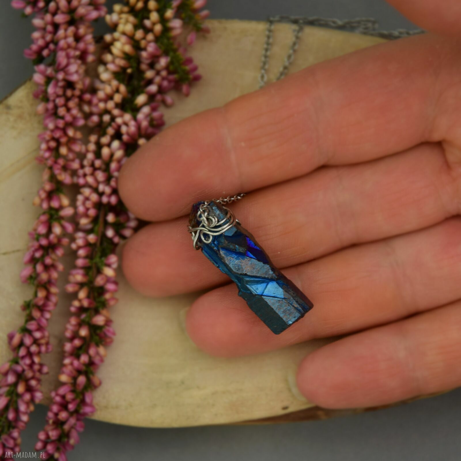 Naszyjnik Talizman z kwarcu tytanowego Aura - wire wrapping i stal chirurgiczna