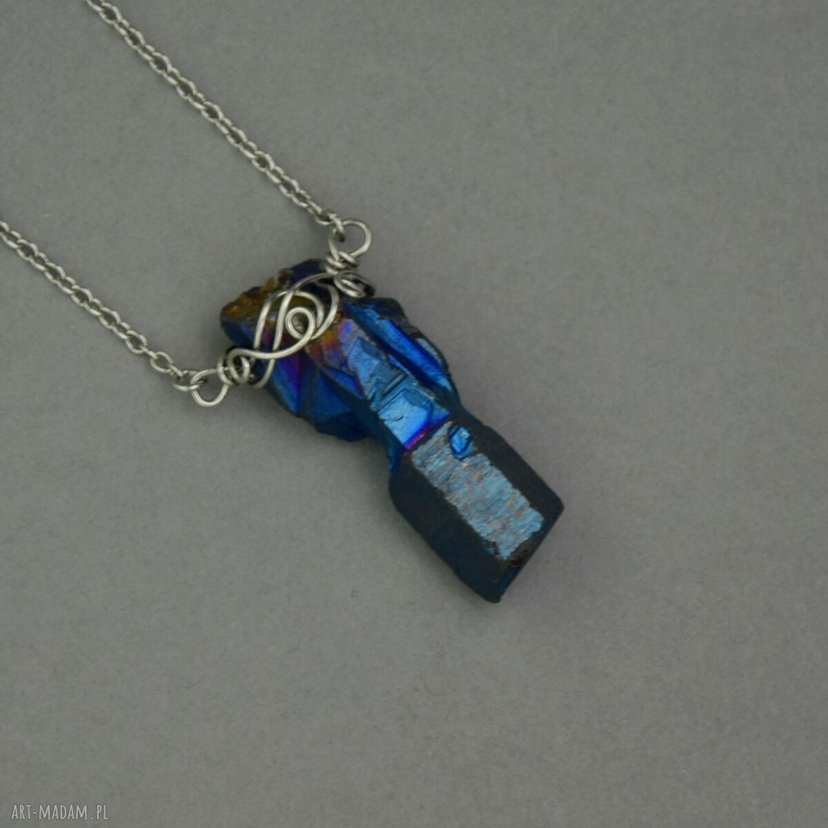 Naszyjnik Talizman z kwarcu tytanowego Aura - wire wrapping i stal chirurgiczna