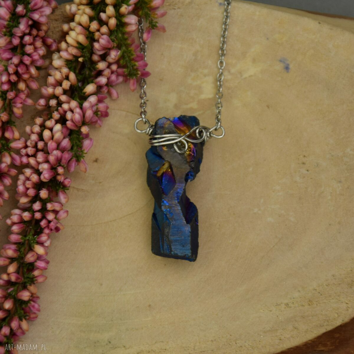 Naszyjnik Talizman z kwarcu tytanowego Aura - wire wrapping i stal chirurgiczna