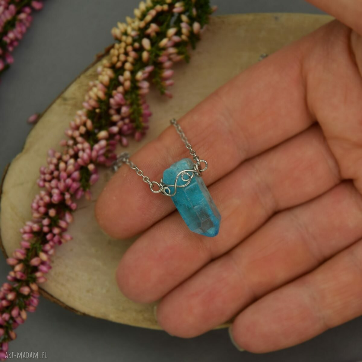 Naszyjnik Talizman z Niebieskim Kryształem Górskim - Wire Wrapping