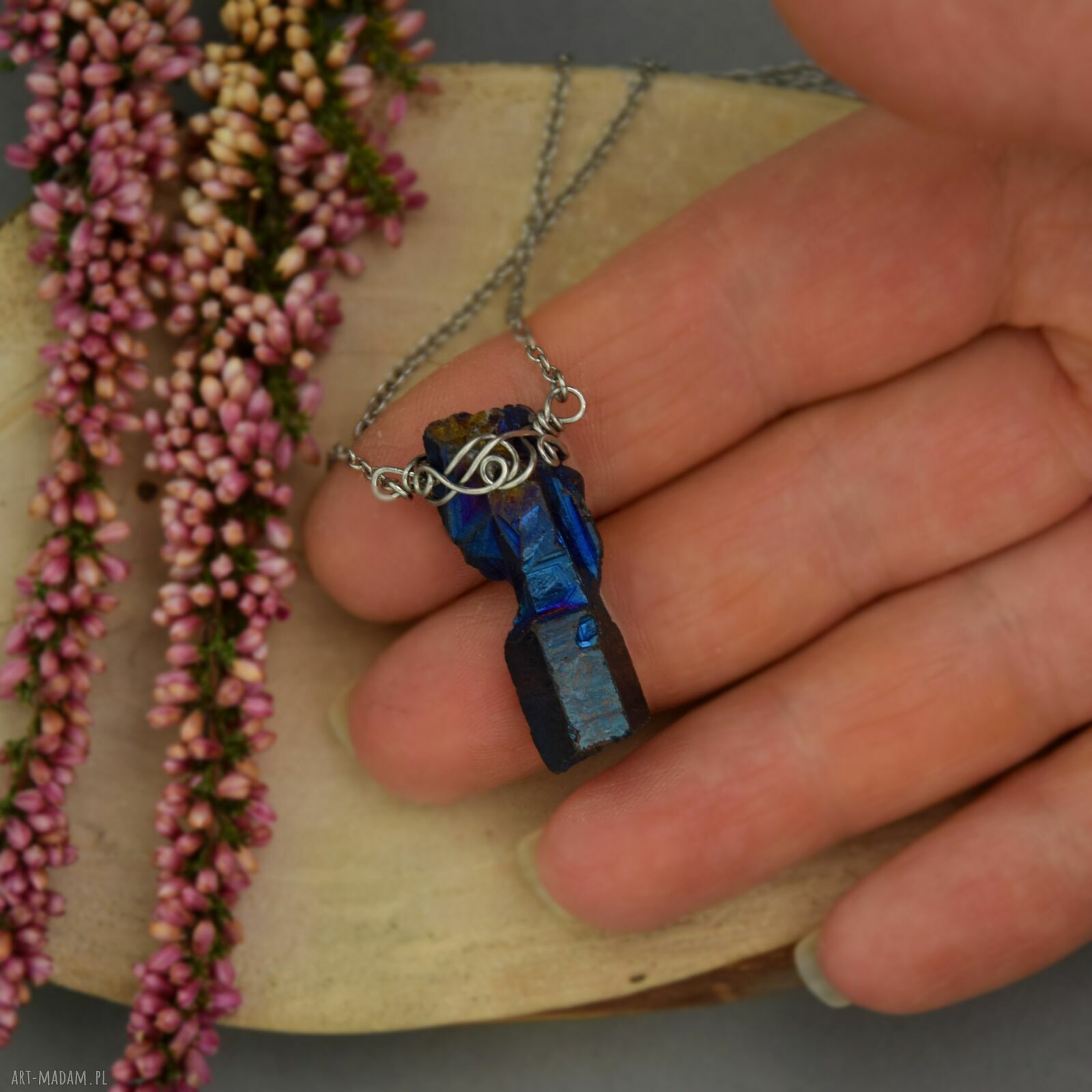 Naszyjnik Talizman z kwarcu tytanowego Aura - wire wrapping i stal chirurgiczna