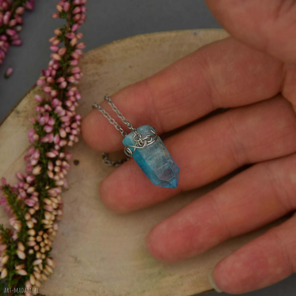 Naszyjnik Talizman z Niebieskim Kryształem Górskim - Wire Wrapping