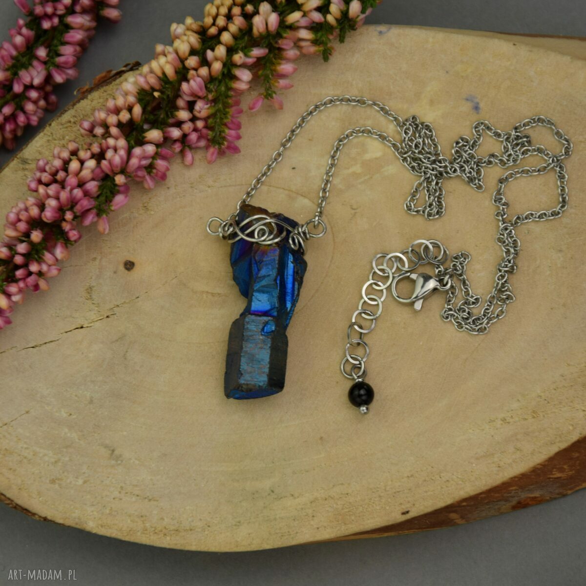 Naszyjnik Talizman z kwarcu tytanowego Aura - wire wrapping i stal chirurgiczna