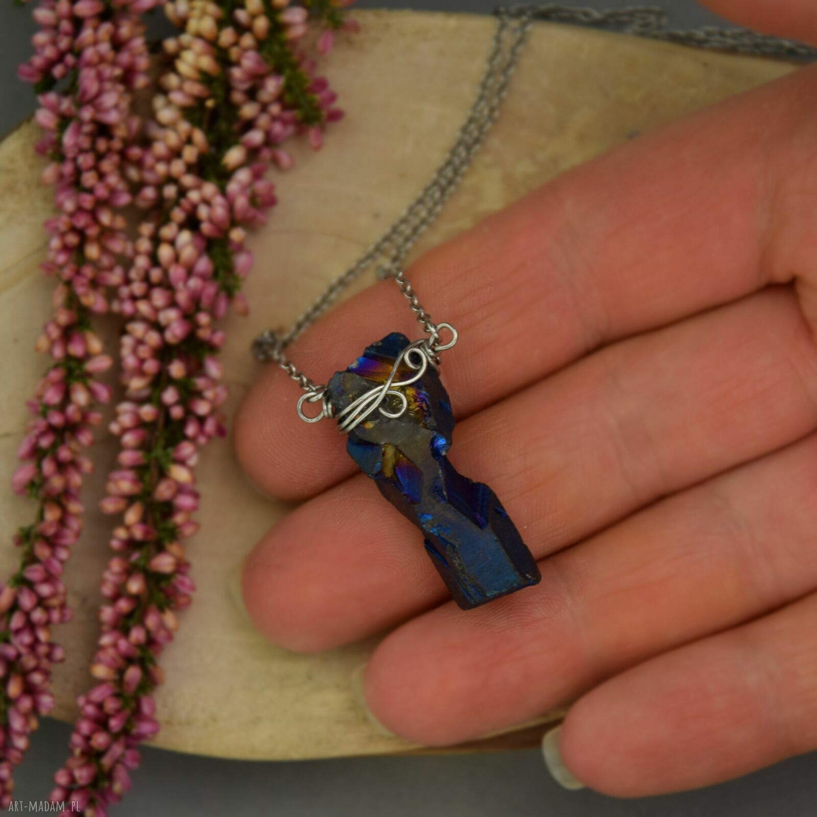 Naszyjnik Talizman z kwarcu tytanowego Aura - wire wrapping i stal chirurgiczna