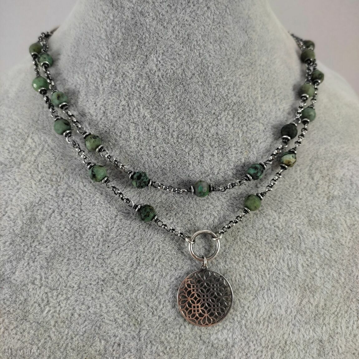 Naszyjnik turkus z rozetą - srebro 925 oksydowane (handmade)