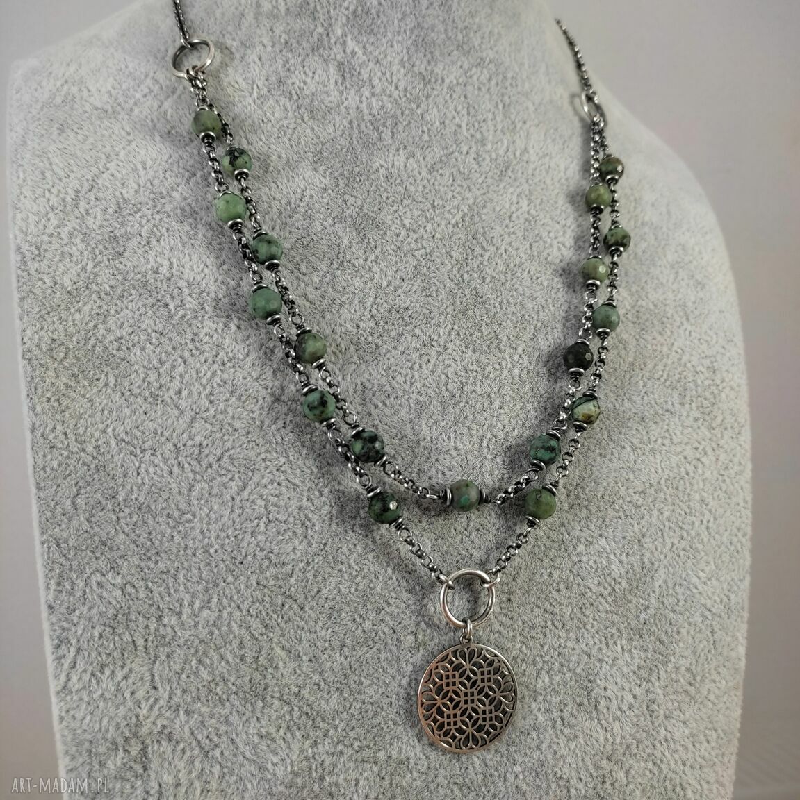 Naszyjnik turkus z rozetą - srebro 925 oksydowane (handmade)