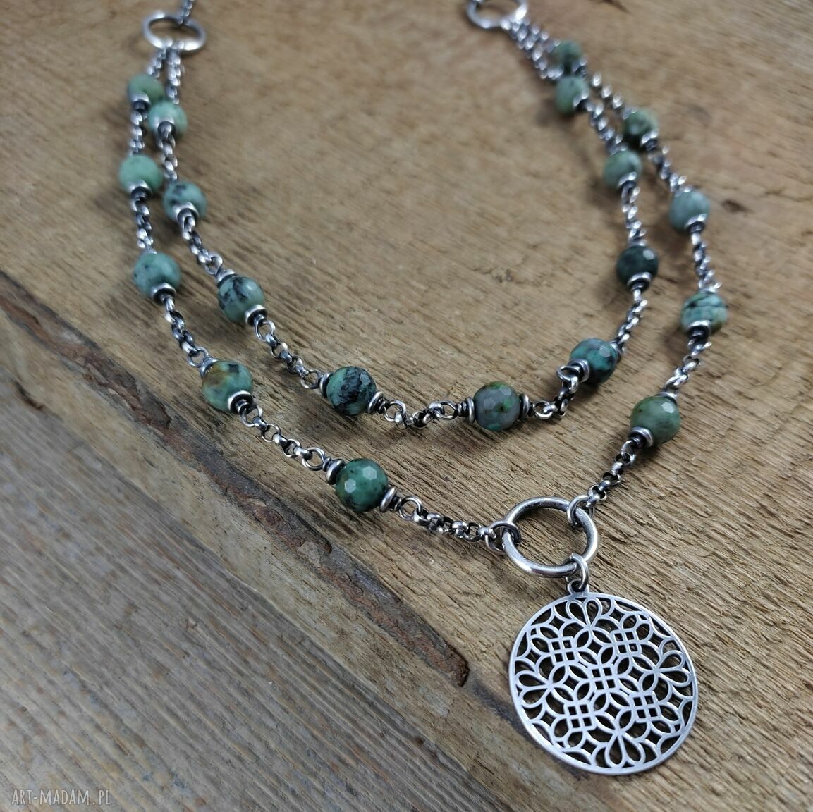 Naszyjnik turkus z rozetą - srebro 925 oksydowane (handmade)