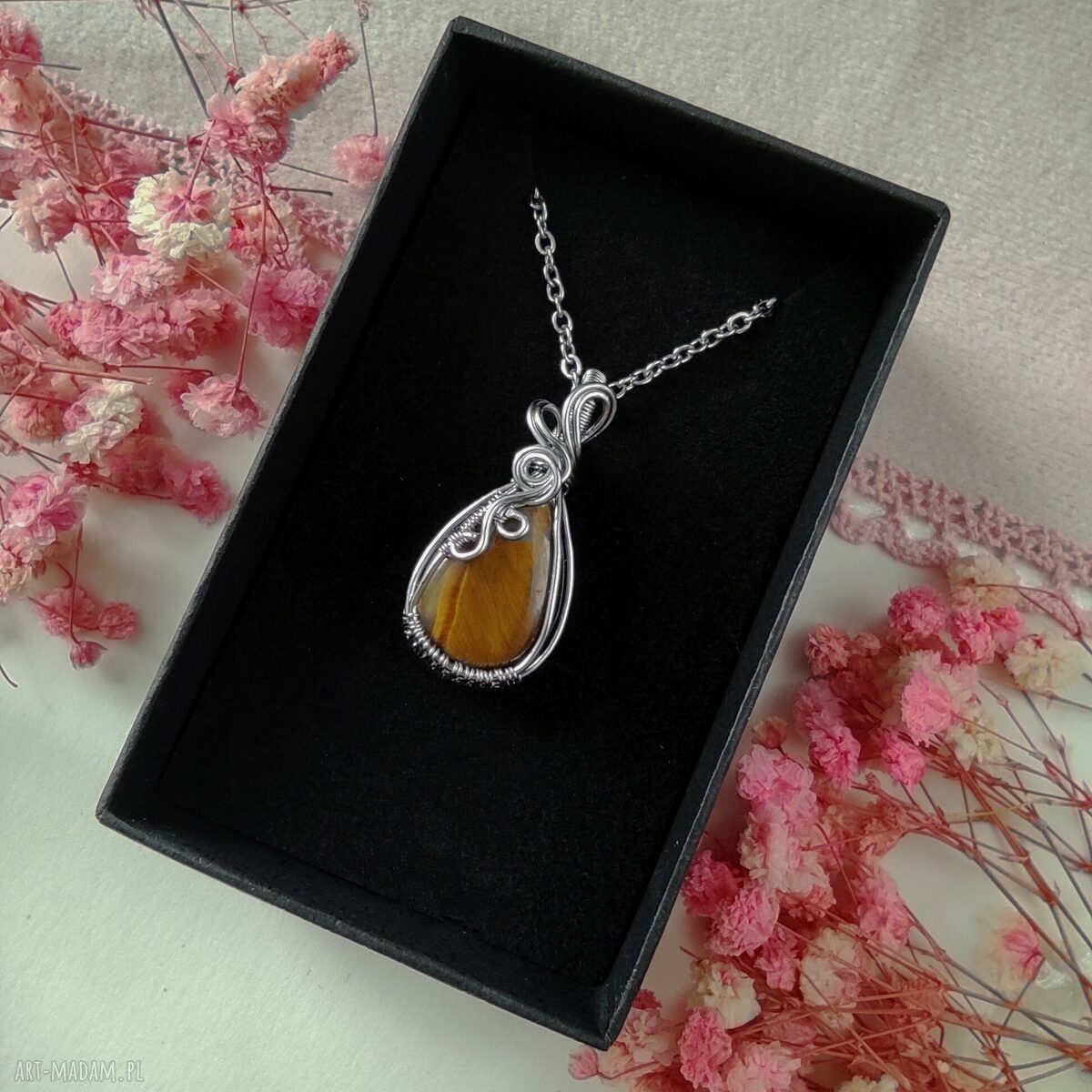 Naszyjnik Tygrysie Oko ze stali chirurgicznej - handmade wire wrapping
