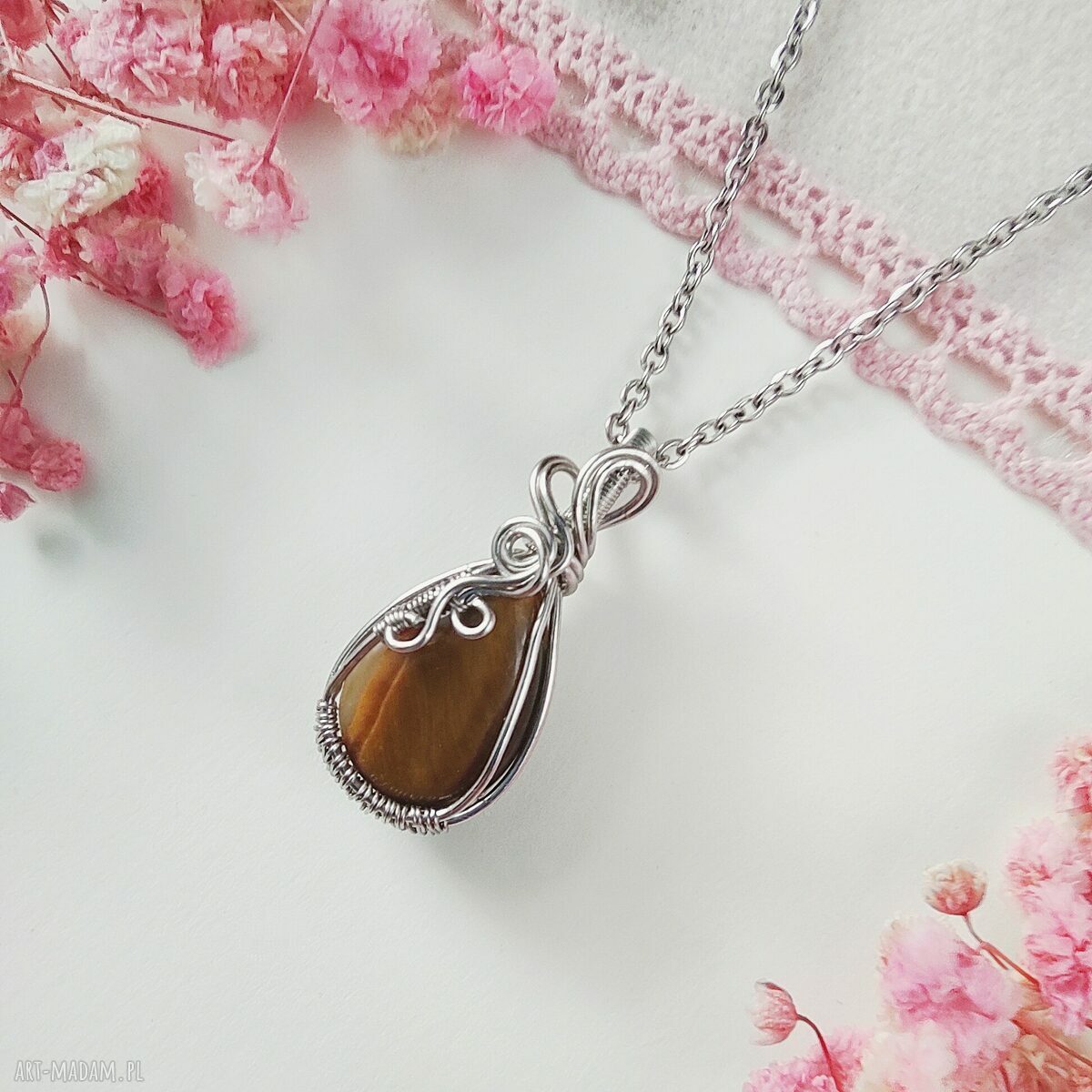 Naszyjnik Tygrysie Oko ze stali chirurgicznej - handmade wire wrapping