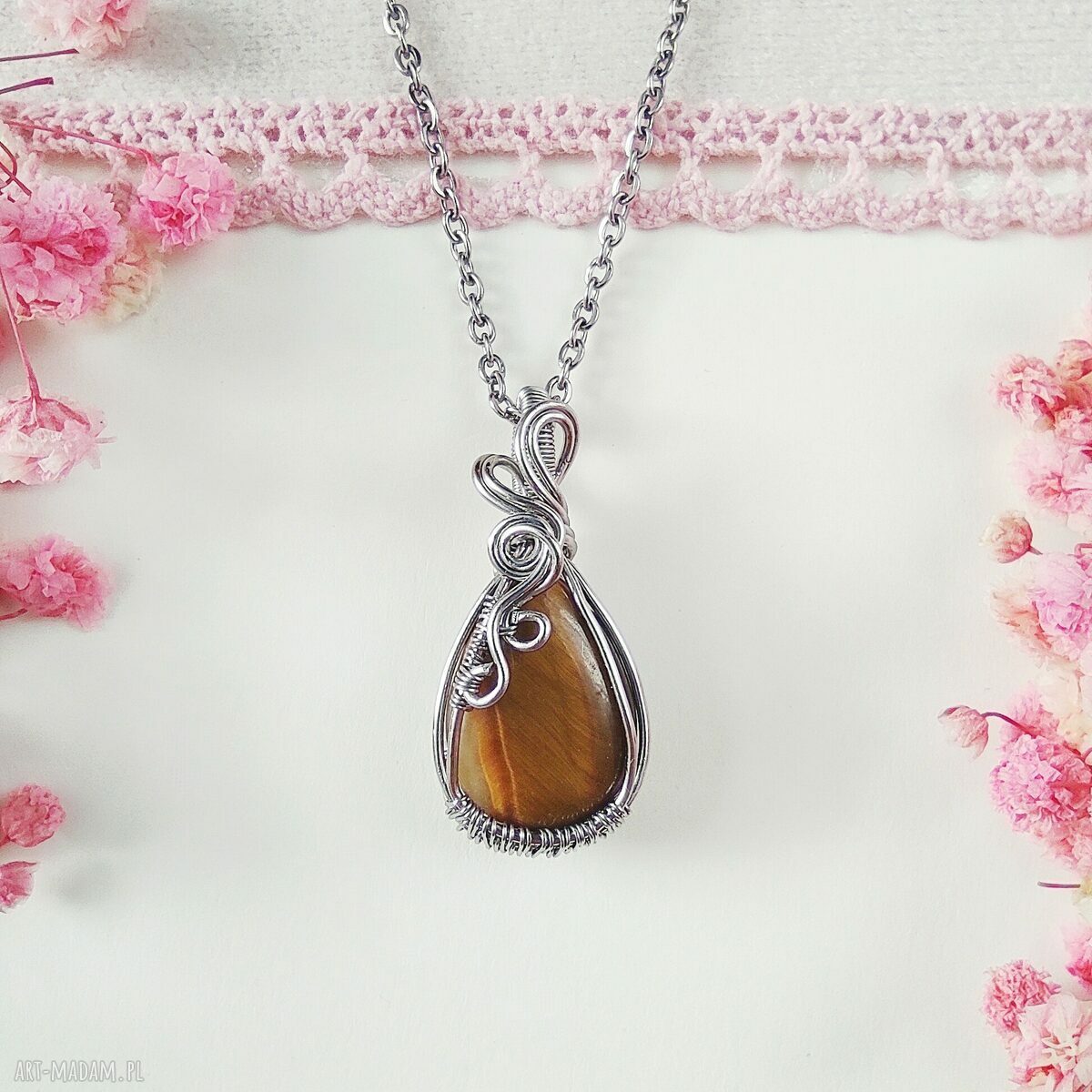 Naszyjnik Tygrysie Oko ze stali chirurgicznej - handmade wire wrapping