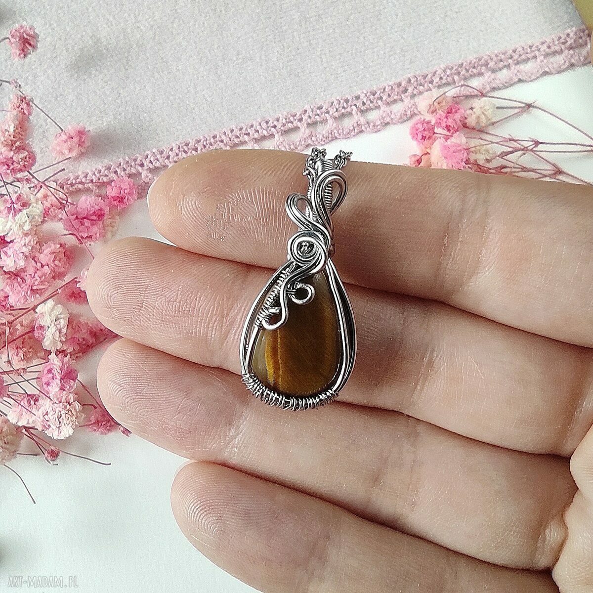 Naszyjnik Tygrysie Oko ze stali chirurgicznej - handmade wire wrapping