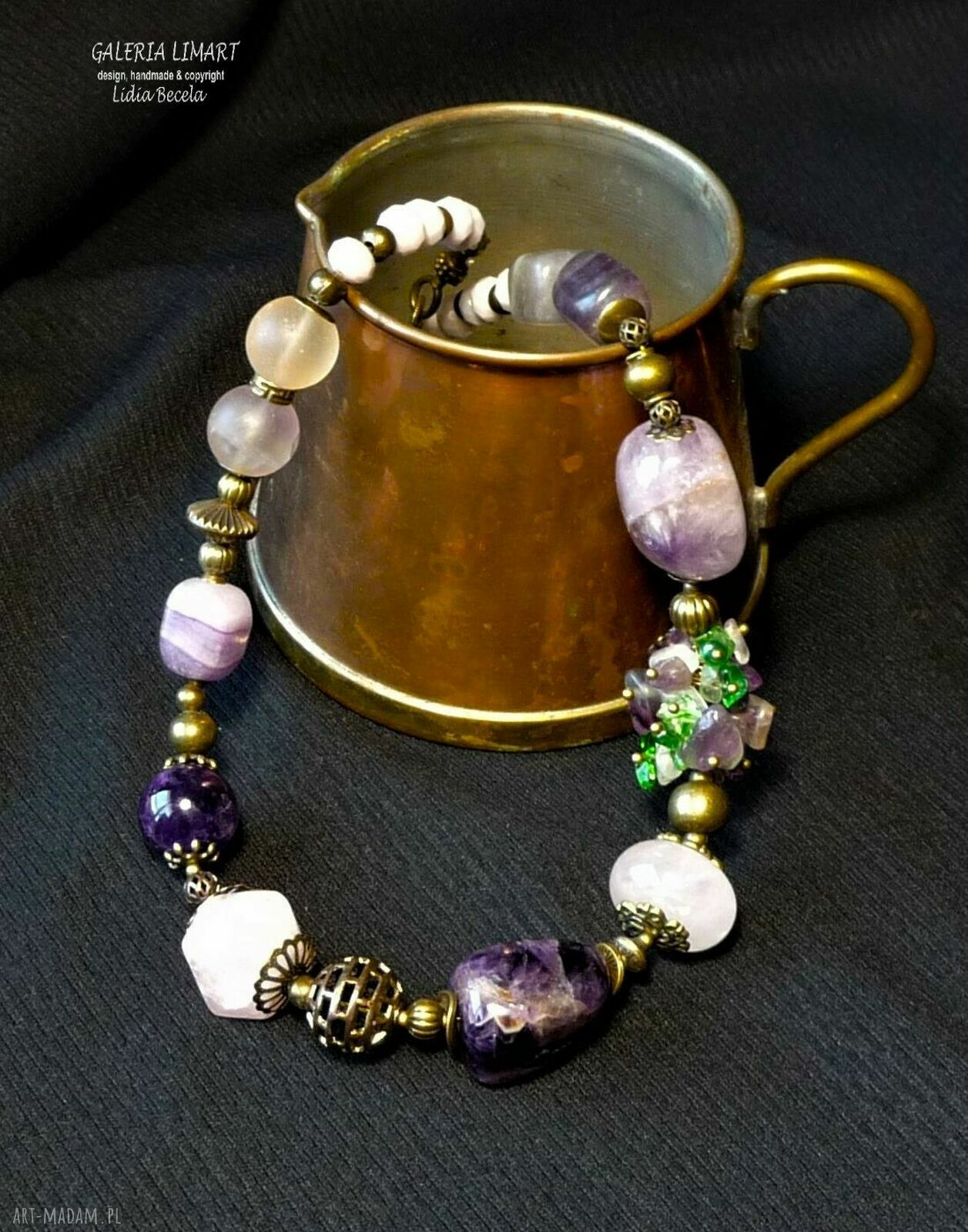 Naszyjnik vintage z ametystów i fluorytów - unikatowa biżuteria handmade