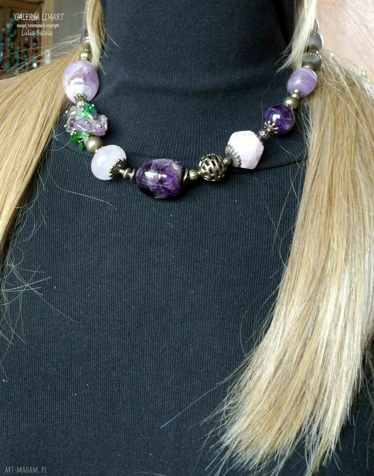 Naszyjnik vintage z ametystów i fluorytów - unikatowa biżuteria handmade