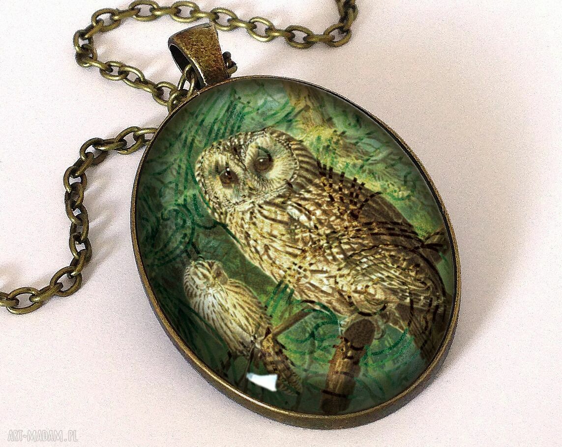 Wiktoriańska sowa owalny medalion łańcuszkiem wiktoriański