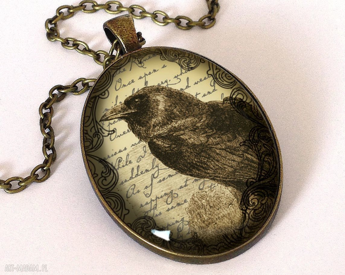 Wiktoriański kruk owalny medalion łańcuszkiem naszyjnik prezent