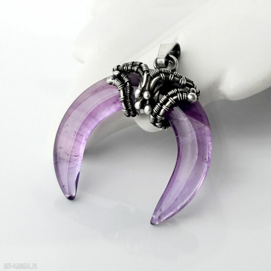 Róg obfitości srebrny wisior ametystem ametyst naszyjnik wire