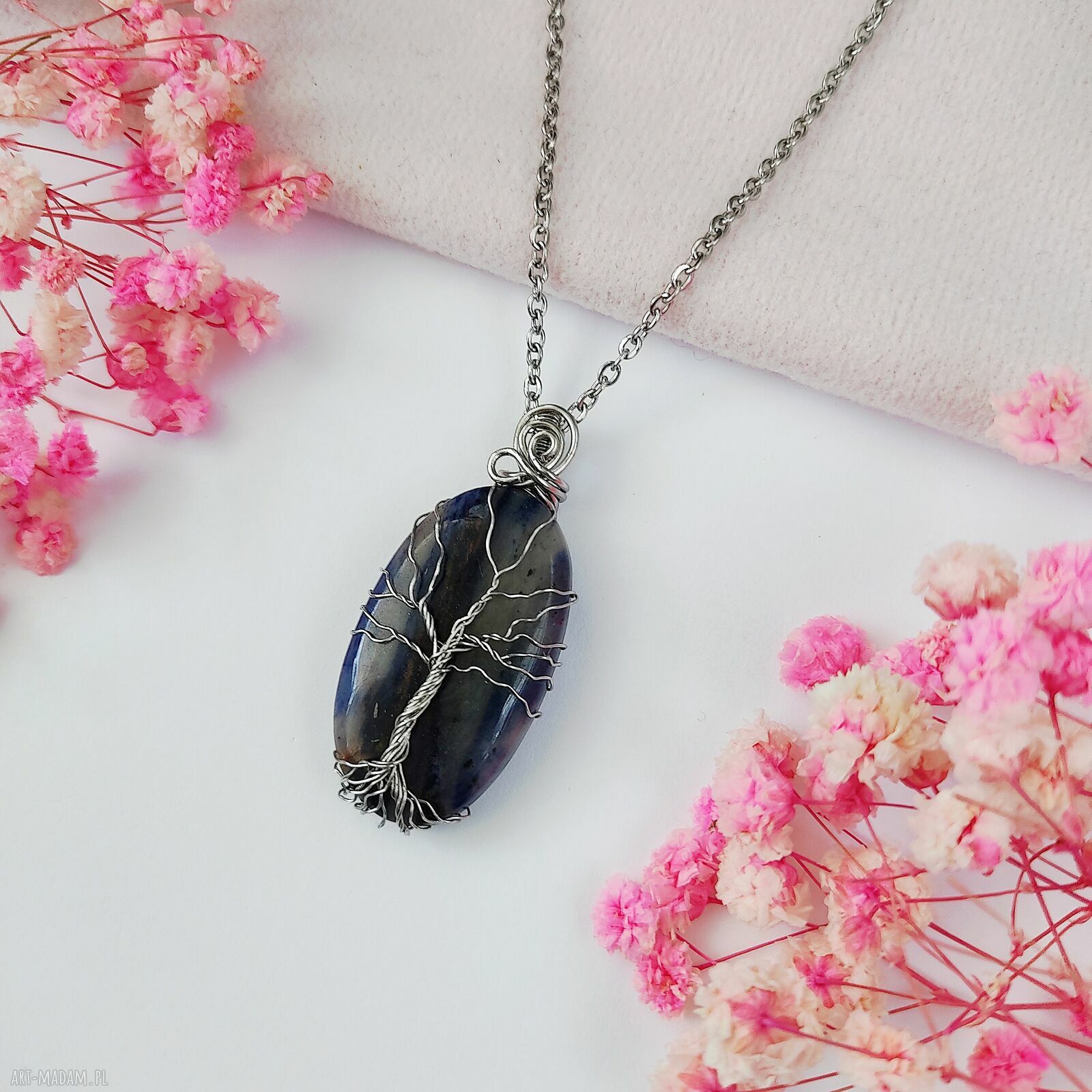 Naszyjnik Drzewo Życia z sodalitem - stal chirurgiczna (wire wrapping)