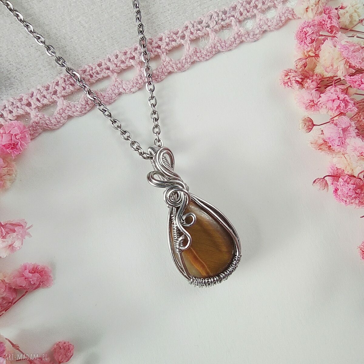 Naszyjnik Tygrysie Oko ze stali chirurgicznej - handmade wire wrapping