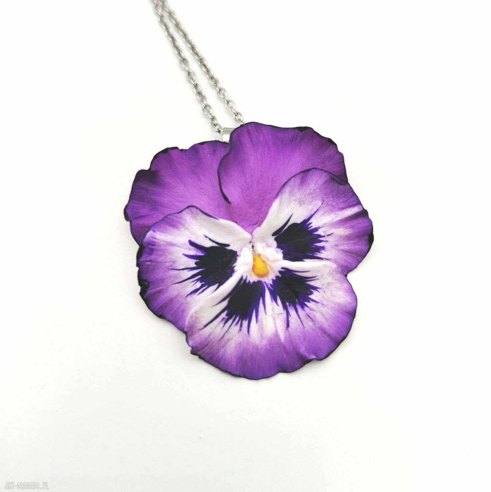 Naszyjnik z bratkiem - handmade z gliny polimerowej na stali nierdzewnej