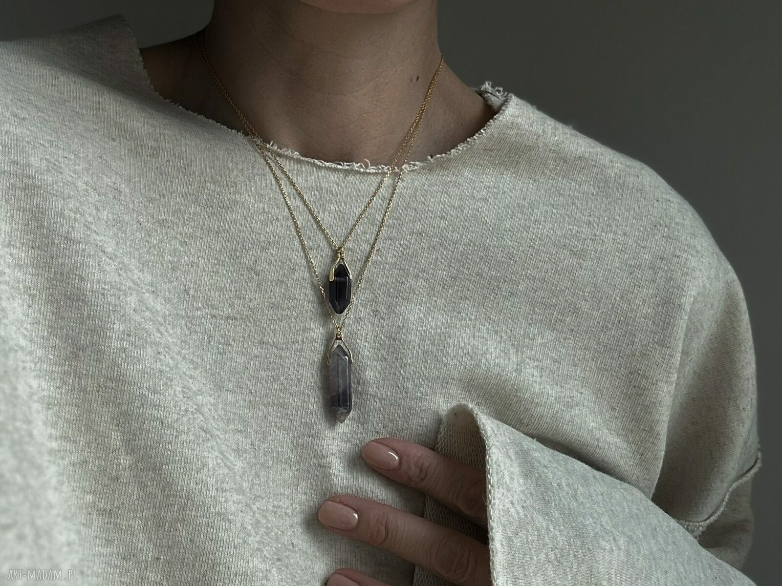 Naszyjnik z dużym ametystem w różowym złoceniu srebro 925, amulet SOTHO