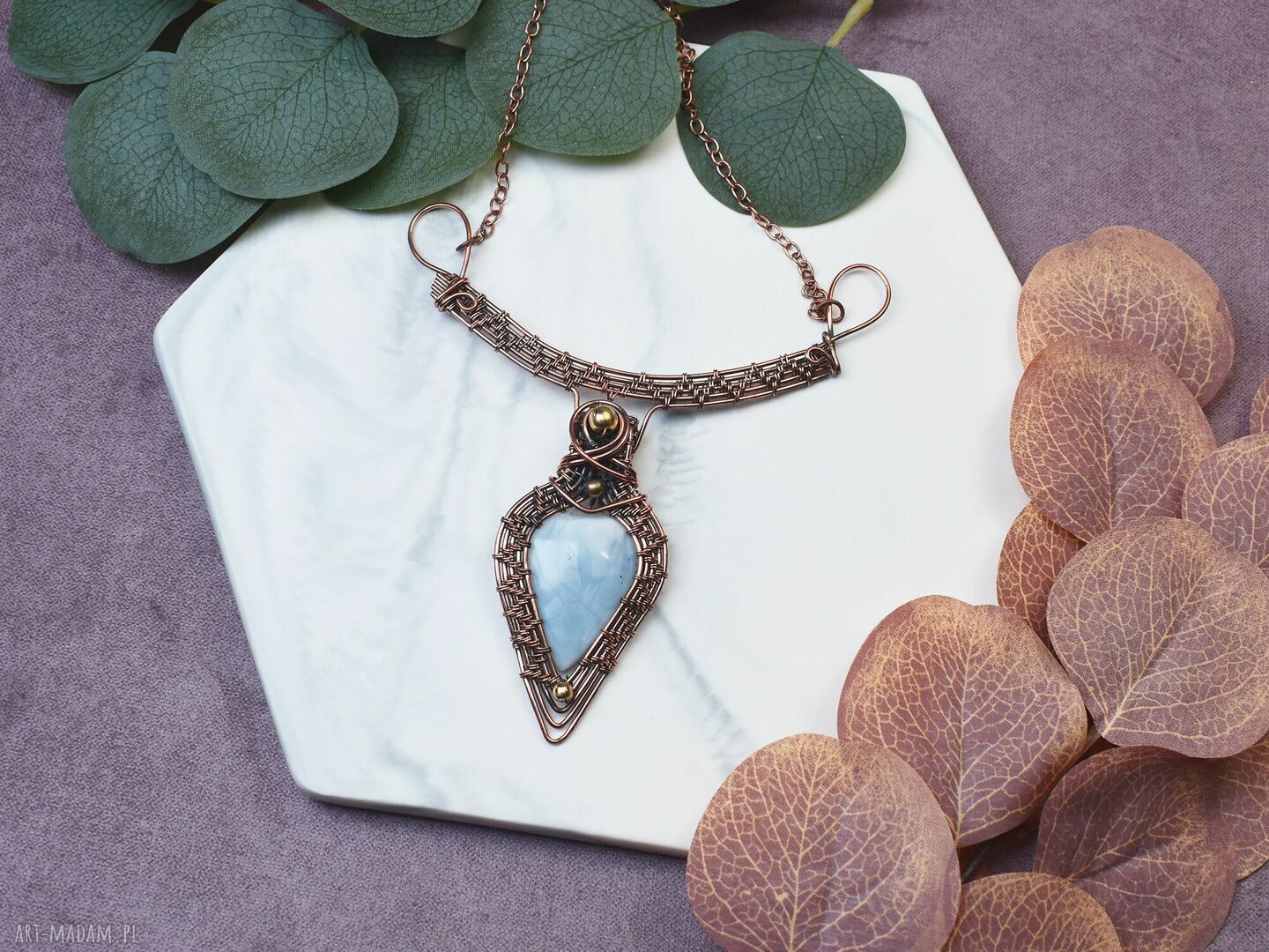Miedziany naszyjnik wire wrapping z opalem Owyhee ręcznie robiony