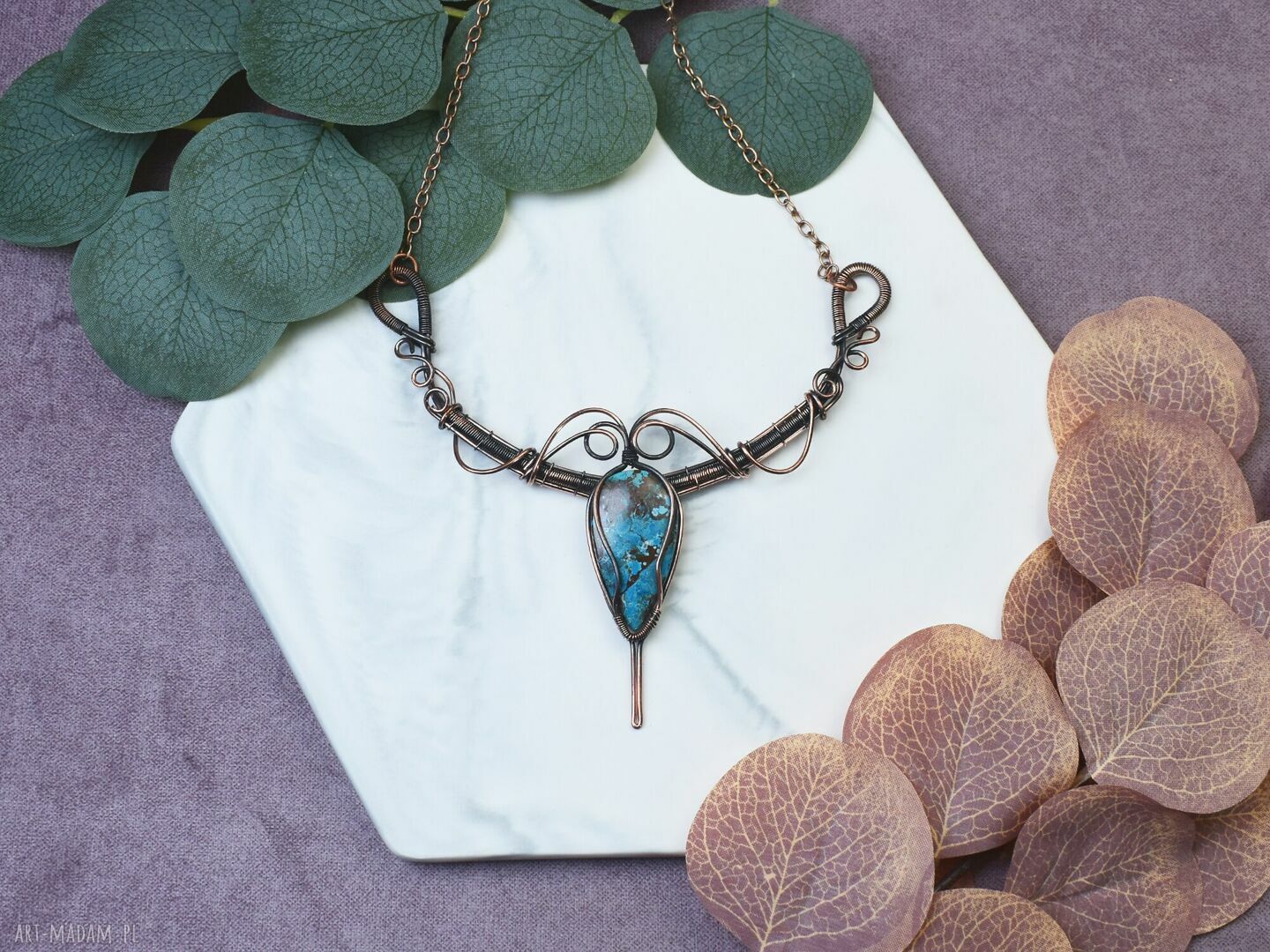 Miedziany naszyjnik wire wrapping z turkusem #496 boho amulet