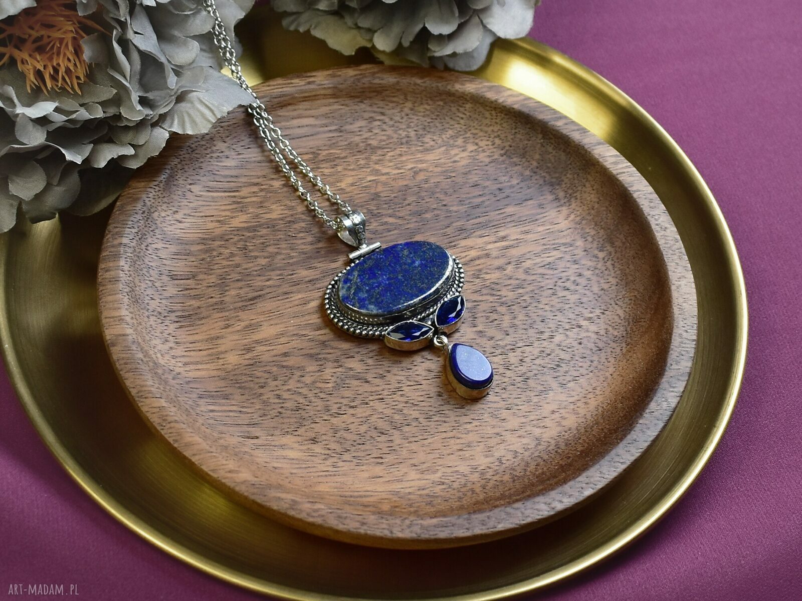 Posrebrzany wisiorek z lapisem lazuli i tanzanitem #617 ręcznie robiona biżuteria boho
