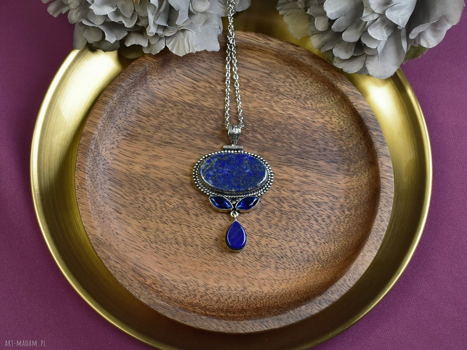 Posrebrzany wisiorek z lapisem lazuli i tanzanitem #617 ręcznie robiona biżuteria boho
