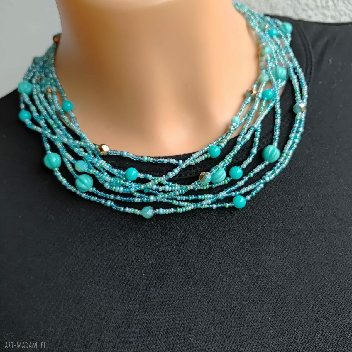Turkusowy naszyjnik z koralików szklanych - choker kaskadowy