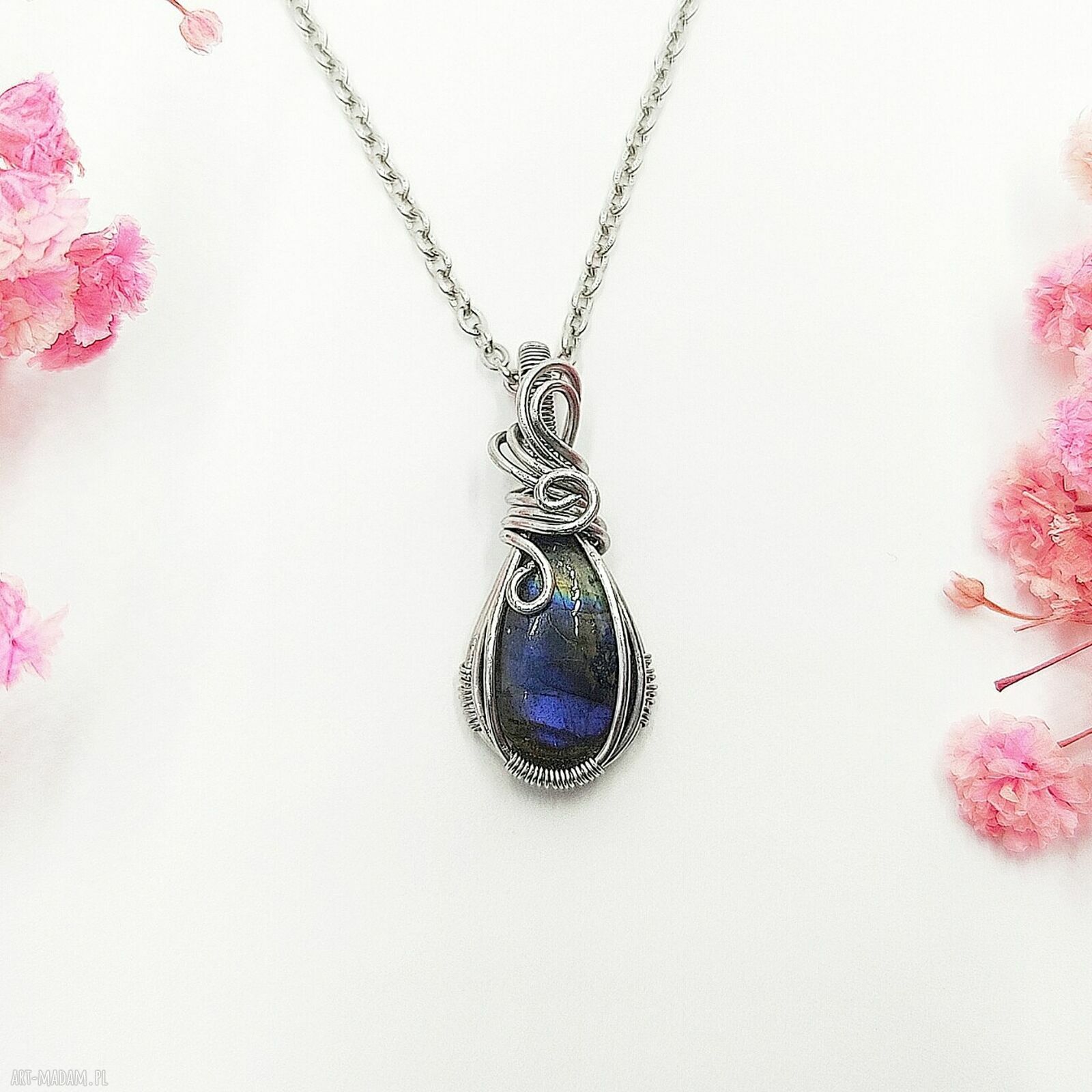 Naszyjnik z niebieskim labradorytem - stal chirurgiczna, wire wrapping wisiorek handmade
