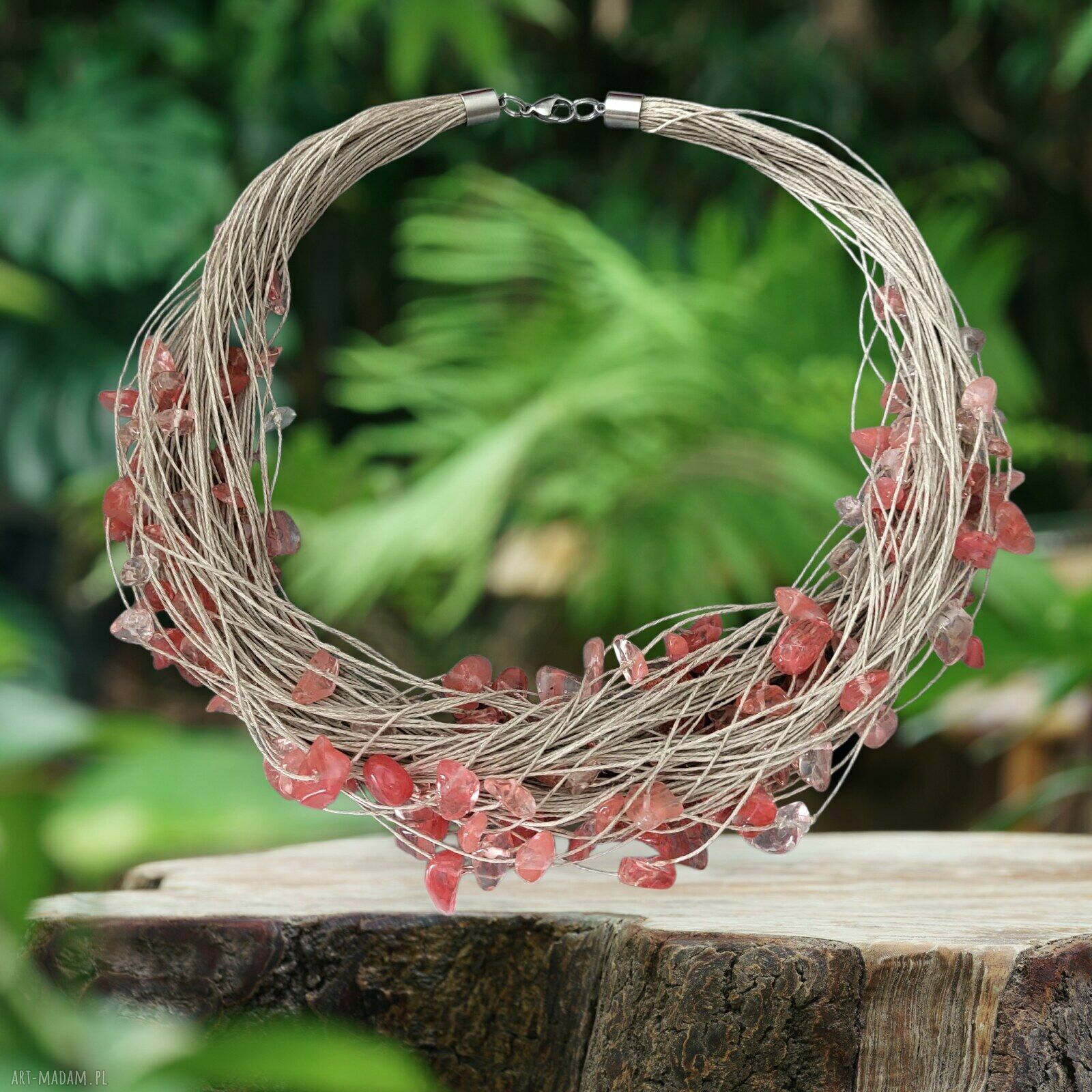 Lniany naszyjnik z kwarcem arbuzim - handmade