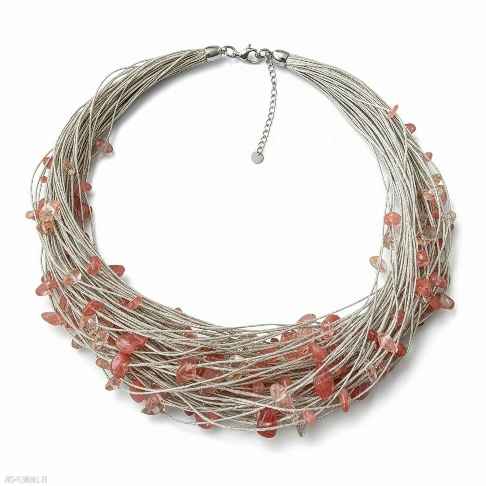 Lniany naszyjnik z kwarcem arbuzim - handmade