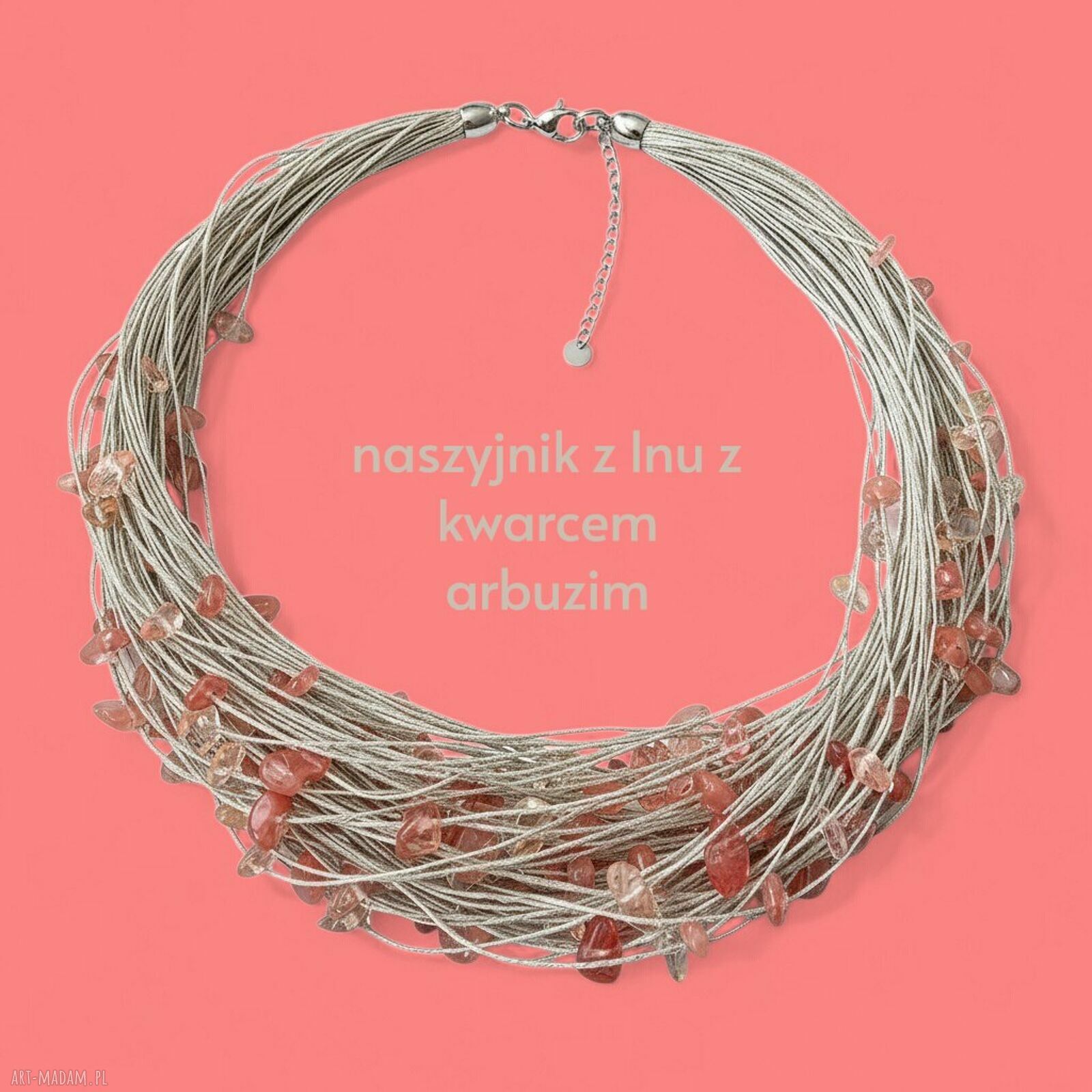 Lniany naszyjnik z kwarcem arbuzim - handmade